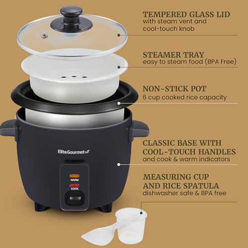 Elite Gourmet Electric Rice Cooker with Steam Tray and Non-Stick Inner Pot Makes Soups, Stews, Grains, Cereals, Keep Warm Feature, 6 Cups Cooked (3 Cups Uncooked), Black - My Kitchen Products