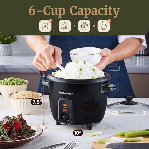 Elite Gourmet Electric Rice Cooker with Steam Tray and Non-Stick Inner Pot Makes Soups, Stews, Grains, Cereals, Keep Warm Feature, 6 Cups Cooked (3 Cups Uncooked), Black - My Kitchen Products