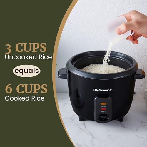 Elite Gourmet Electric Rice Cooker with Steam Tray and Non-Stick Inner Pot Makes Soups, Stews, Grains, Cereals, Keep Warm Feature, 6 Cups Cooked (3 Cups Uncooked), Black - My Kitchen Products