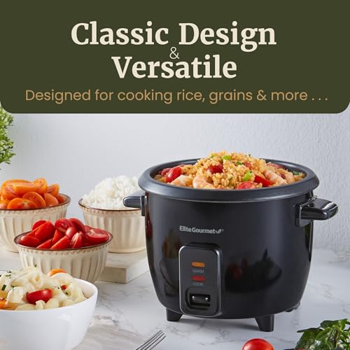 Elite Gourmet Electric Rice Cooker with Steam Tray and Non-Stick Inner Pot Makes Soups, Stews, Grains, Cereals, Keep Warm Feature, 6 Cups Cooked (3 Cups Uncooked), Black - My Kitchen Products