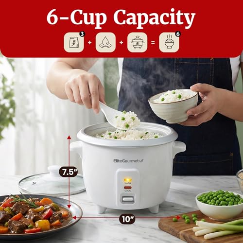 Elite Gourmet ERC-003X Electric Rice Cooker with Automatic Keep Warm Makes Soups, Stews, Grains, Hot Cereals, 6 Cups Cooked (3 Cups Uncooked), White - My Kitchen Products