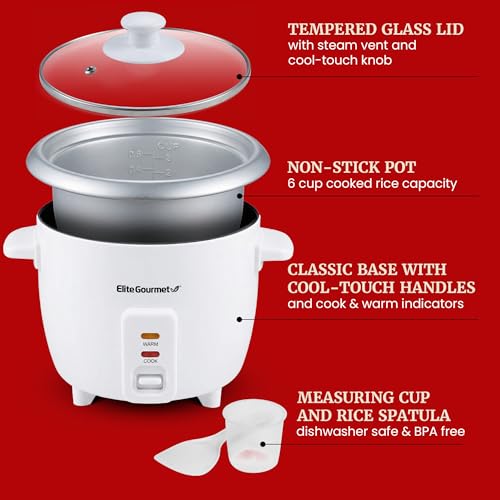 Elite Gourmet ERC-003X Electric Rice Cooker with Automatic Keep Warm Makes Soups, Stews, Grains, Hot Cereals, 6 Cups Cooked (3 Cups Uncooked), White - My Kitchen Products
