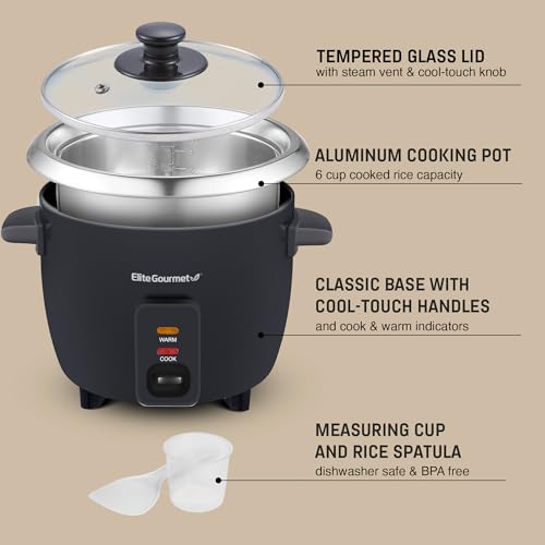 Elite Gourmet ERC003BX Electric Rice Cooker with Automatic Keep Warm Makes Soups, Stews, Grains, Hot Cereals, 6 Cups Cooked (3 Cups Uncooked), Black - My Kitchen Products