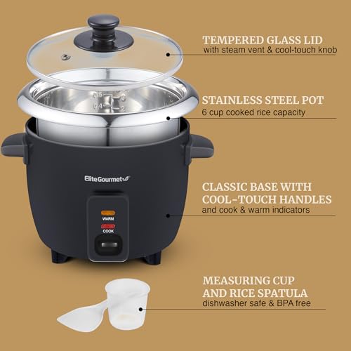 Elite Gourmet ERC006SS 6-Cup Electric Rice Cooker with Stainless Steel Inner Pot, Makes Soups, Stews, Porridges, Grains and Cereals, 6 cup (3 cups uncooked), Black - My Kitchen Products
