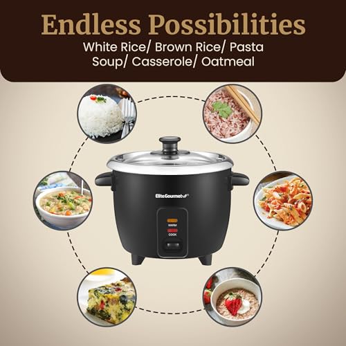 Elite Gourmet ERC006SS 6-Cup Electric Rice Cooker with Stainless Steel Inner Pot, Makes Soups, Stews, Porridges, Grains and Cereals, 6 cup (3 cups uncooked), Black - My Kitchen Products