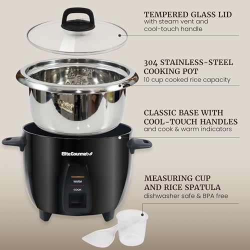 Elite Gourmet ERC2010B Electric Rice Cooker with Stainless Steel Inner Pot Makes Soups, Stews, Porridge's, Grains and Cereals, 10 cups cooked (5 Cups uncooked), Black - My Kitchen Products