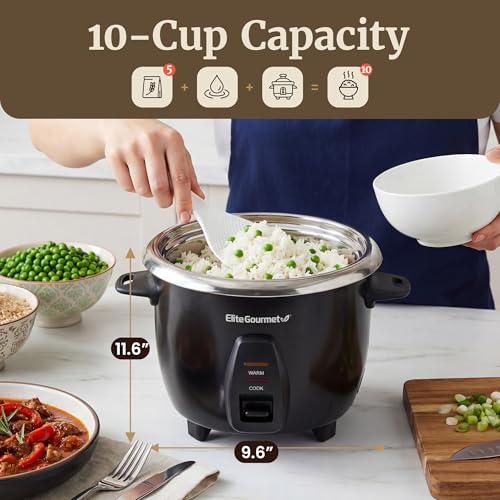Elite Gourmet ERC2010B Electric Rice Cooker with Stainless Steel Inner Pot Makes Soups, Stews, Porridge's, Grains and Cereals, 10 cups cooked (5 Cups uncooked), Black - My Kitchen Products