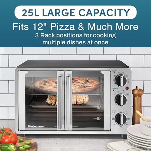 Elite Gourmet ETO2530M Double French Door Countertop Toaster Oven, Bake, Broil, Toast, Keep Warm, Fits 12" pizza, 25L capacity, Stainless Steel & Black - My Kitchen Products