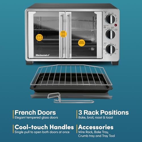 Elite Gourmet ETO2530M Double French Door Countertop Toaster Oven, Bake, Broil, Toast, Keep Warm, Fits 12" pizza, 25L capacity, Stainless Steel & Black - My Kitchen Products