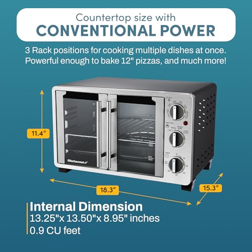 Elite Gourmet ETO2530M Double French Door Countertop Toaster Oven, Bake, Broil, Toast, Keep Warm, Fits 12" pizza, 25L capacity, Stainless Steel & Black - My Kitchen Products