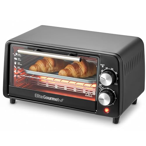 Elite Gourmet ETO449X Countertop Toaster Oven, 9.5Qt / 4-Slice Capacity, Fits 8'' Pizza, 800W Quartz Heating, 200–450°F Adjustable Temperature, 30-Min Timer, Compact Mini Oven, Black - My Kitchen Products