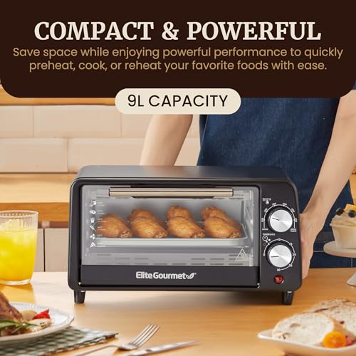 Elite Gourmet ETO449X Countertop Toaster Oven, 9.5Qt / 4-Slice Capacity, Fits 8'' Pizza, 800W Quartz Heating, 200–450°F Adjustable Temperature, 30-Min Timer, Compact Mini Oven, Black - My Kitchen Products