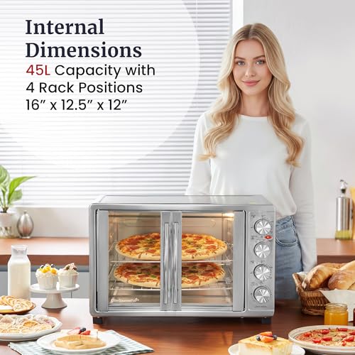 Elite Gourmet ETO4510B French Door 47.5Qt, 18-Slice Convection Oven 4-Control Knobs, Bake Broil Toast Rotisserie Keep Warm, Includes 2 x 12" Pizza Racks, Stainless Steel - My Kitchen Products