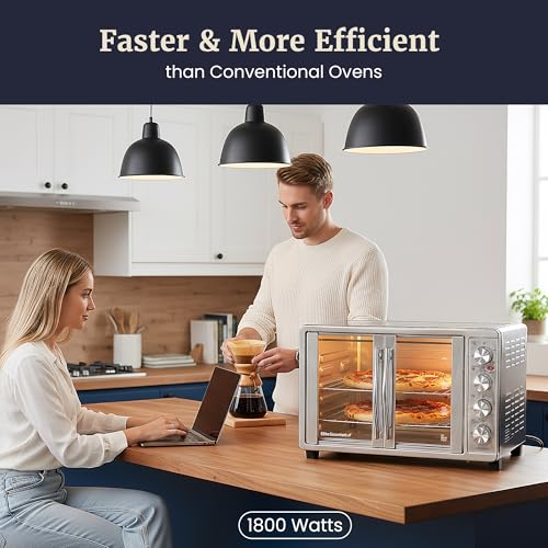 Elite Gourmet ETO4510B French Door 47.5Qt, 18-Slice Convection Oven 4-Control Knobs, Bake Broil Toast Rotisserie Keep Warm, Includes 2 x 12" Pizza Racks, Stainless Steel - My Kitchen Products