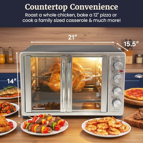 Elite Gourmet ETO4510B French Door 47.5Qt, 18-Slice Convection Oven 4-Control Knobs, Bake Broil Toast Rotisserie Keep Warm, Includes 2 x 12" Pizza Racks, Stainless Steel - My Kitchen Products