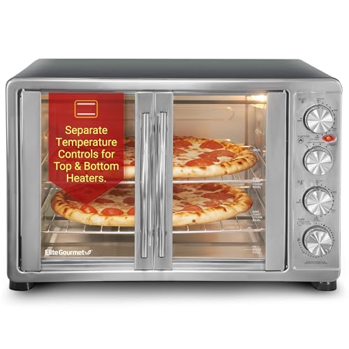 Elite Gourmet ETO4510B French Door 47.5Qt, 18-Slice Convection Oven 4-Control Knobs, Bake Broil Toast Rotisserie Keep Warm, Includes 2 x 12" Pizza Racks, Stainless Steel - My Kitchen Products