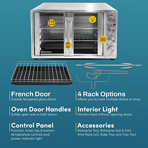 Elite Gourmet ETO4510MX French Door 47.5Qt, 18-Slice Convection Oven 4-Control Knobs, Bake Broil Toast Rotisserie Keep Warm, Includes 2 x 14" Pizza Racks, Stainless Steel - My Kitchen Products