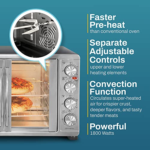 Elite Gourmet ETO4510MX French Door 47.5Qt, 18-Slice Convection Oven 4-Control Knobs, Bake Broil Toast Rotisserie Keep Warm, Includes 2 x 14" Pizza Racks, Stainless Steel - My Kitchen Products