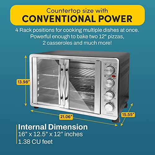 Elite Gourmet ETO4510MX French Door 47.5Qt, 18-Slice Convection Oven 4-Control Knobs, Bake Broil Toast Rotisserie Keep Warm, Includes 2 x 14" Pizza Racks, Stainless Steel - My Kitchen Products