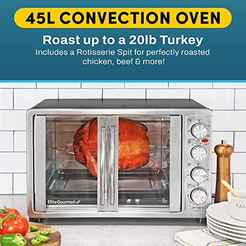 Elite Gourmet ETO4510MX French Door 47.5Qt, 18-Slice Convection Oven 4-Control Knobs, Bake Broil Toast Rotisserie Keep Warm, Includes 2 x 14" Pizza Racks, Stainless Steel - My Kitchen Products