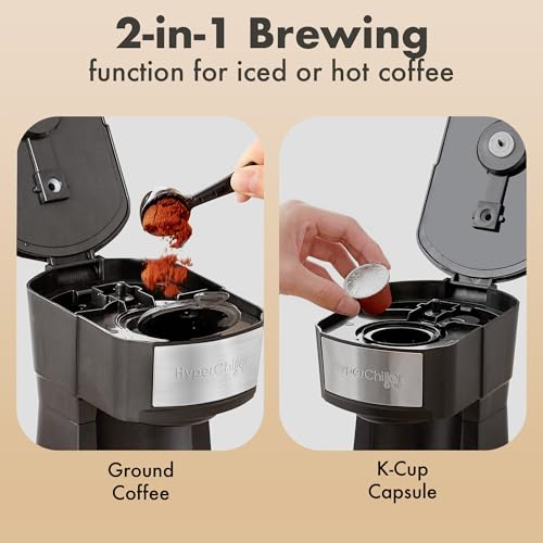 Elite Gourmet HyperChiller EHC210N Iced/Hot Coffee Maker, K-Cup or Coffee Grounds, 8, 10 or 12oz Pours, Removable K-Cup Holder and Reusable Mesh Filter, Drip tray, Black/Stainless-Steel - My Kitchen Products