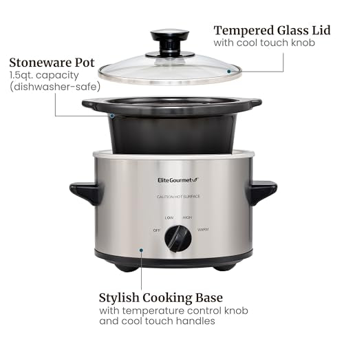 Elite Gourmet MST-250XS Electric Slow Cooker Ceramic Pot, Adjustable Temp, Entrees, Sauces, Stews & Dips, Dishwasher Safe Glass Lid & Crock, 1.5 Quart, Stainless Steel - My Kitchen Products