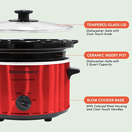 Elite Gourmet MST-275XR Electric Oval Slow Cooker, Adjustable Temp, Entrees, Sauces, Stews & Dips, Dishwasher Safe Glass Lid & Crock (2 Quart, Metallic Red) - My Kitchen Products