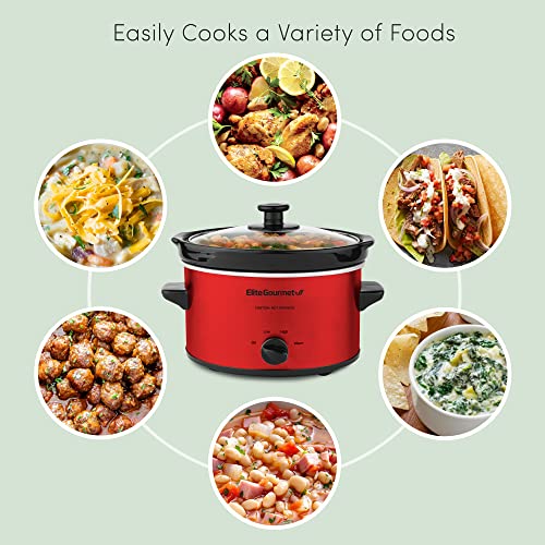 Elite Gourmet MST-275XR Electric Oval Slow Cooker, Adjustable Temp, Entrees, Sauces, Stews & Dips, Dishwasher Safe Glass Lid & Crock (2 Quart, Metallic Red) - My Kitchen Products