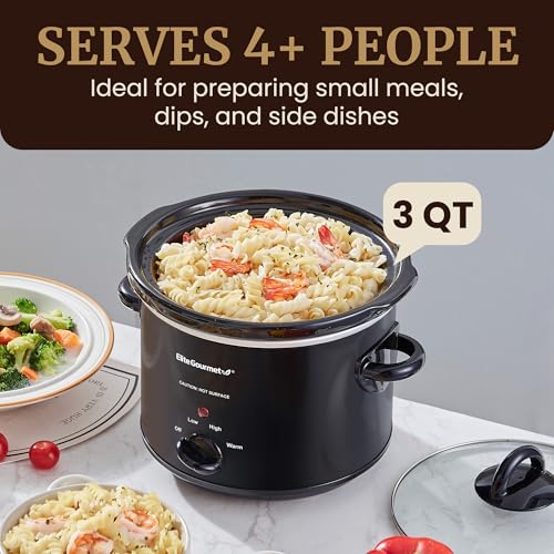 Elite Gourmet MST-350B Electric Slow Cooker, Adjustable Temp, Entrees, Sauces, Stews & Dips, Dishwasher Safe Glass Lid & Crock (3 Quart, Black) - My Kitchen Products
