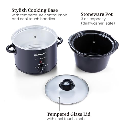 Elite Gourmet MST-350B Electric Slow Cooker, Adjustable Temp, Entrees, Sauces, Stews & Dips, Dishwasher Safe Glass Lid & Crock (3 Quart, Black) - My Kitchen Products