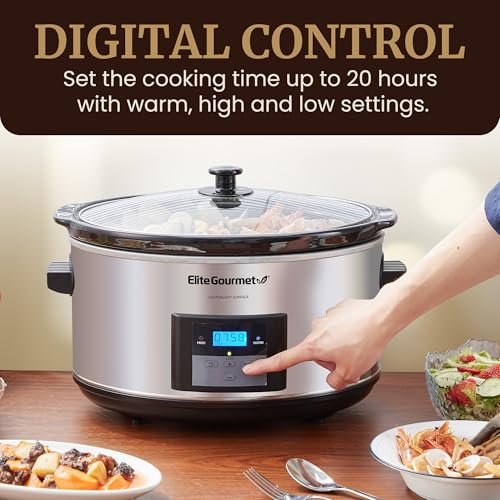 Elite Gourmet MST-900D 8.5Qt Digital Programmable XL Jumbo Slow Cooker, Adjustable Temp, Entrees, Sauces, Stews & Dips, Dishwasher Safe Glass Lid & Crock, Stainless Steel - My Kitchen Products