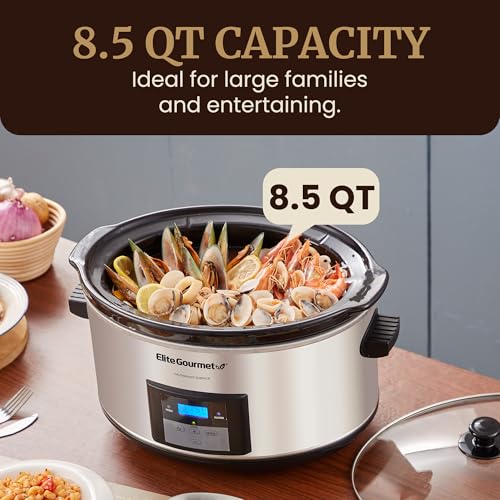 Elite Gourmet MST-900D 8.5Qt Digital Programmable XL Jumbo Slow Cooker, Adjustable Temp, Entrees, Sauces, Stews & Dips, Dishwasher Safe Glass Lid & Crock, Stainless Steel - My Kitchen Products