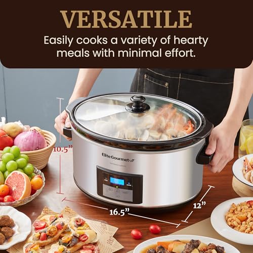 Elite Gourmet MST-900D 8.5Qt Digital Programmable XL Jumbo Slow Cooker, Adjustable Temp, Entrees, Sauces, Stews & Dips, Dishwasher Safe Glass Lid & Crock, Stainless Steel - My Kitchen Products