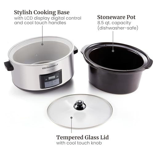 Elite Gourmet MST-900D 8.5Qt Digital Programmable XL Jumbo Slow Cooker, Adjustable Temp, Entrees, Sauces, Stews & Dips, Dishwasher Safe Glass Lid & Crock, Stainless Steel - My Kitchen Products