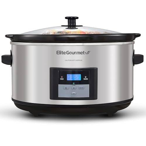 Elite Gourmet MST-900D 8.5Qt Digital Programmable XL Jumbo Slow Cooker, Adjustable Temp, Entrees, Sauces, Stews & Dips, Dishwasher Safe Glass Lid & Crock, Stainless Steel - My Kitchen Products