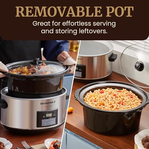 Elite Gourmet MST-900D 8.5Qt Digital Programmable XL Jumbo Slow Cooker, Adjustable Temp, Entrees, Sauces, Stews & Dips, Dishwasher Safe Glass Lid & Crock, Stainless Steel - My Kitchen Products