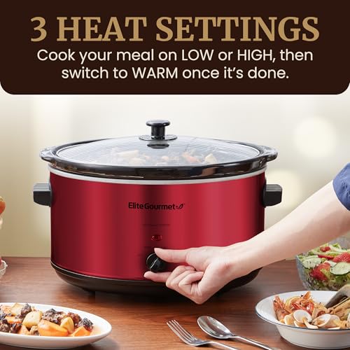 Elite Gourmet MST-900RXT Electric Ceramic XL Jumbo Slow Cooker, Adjustable Temp, Entrees, Sauces, Stews & Dips, Dishwasher Safe Glass Lid & Crock, 8.5Qt, Metallic Red - My Kitchen Products