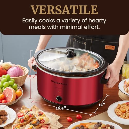 Elite Gourmet MST-900RXT Electric Ceramic XL Jumbo Slow Cooker, Adjustable Temp, Entrees, Sauces, Stews & Dips, Dishwasher Safe Glass Lid & Crock, 8.5Qt, Metallic Red - My Kitchen Products