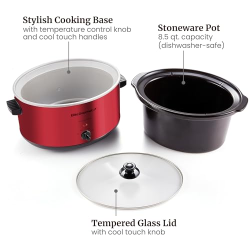Elite Gourmet MST-900RXT Electric Ceramic XL Jumbo Slow Cooker, Adjustable Temp, Entrees, Sauces, Stews & Dips, Dishwasher Safe Glass Lid & Crock, 8.5Qt, Metallic Red - My Kitchen Products