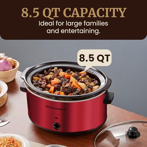 Elite Gourmet MST-900RXT Electric Ceramic XL Jumbo Slow Cooker, Adjustable Temp, Entrees, Sauces, Stews & Dips, Dishwasher Safe Glass Lid & Crock, 8.5Qt, Metallic Red - My Kitchen Products