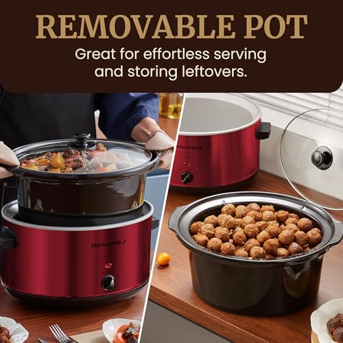 Elite Gourmet MST-900RXT Electric Ceramic XL Jumbo Slow Cooker, Adjustable Temp, Entrees, Sauces, Stews & Dips, Dishwasher Safe Glass Lid & Crock, 8.5Qt, Metallic Red - My Kitchen Products
