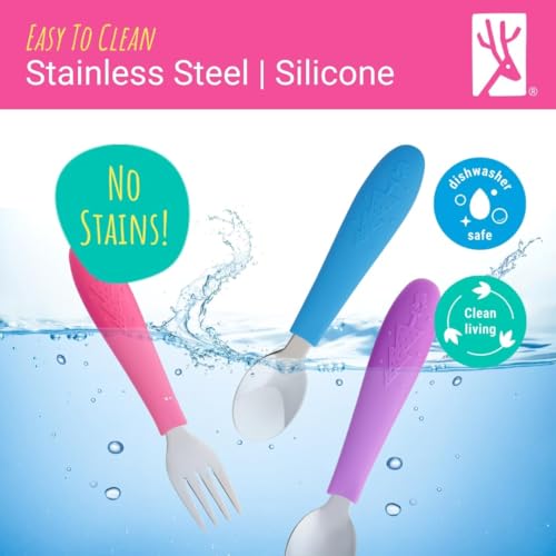 Elk and Friends Kids Silverware with Silicone Handle | Childrens Safe Flatware | Toddler Utensils | Baby Spoons + Forks | Stainless Steel Cutlery | Dishwasher Safe | 6 Pieces - My Kitchen Products