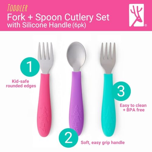 Elk and Friends Kids Silverware with Silicone Handle | Childrens Safe Flatware | Toddler Utensils | Baby Spoons + Forks | Stainless Steel Cutlery | Dishwasher Safe | 6 Pieces - My Kitchen Products