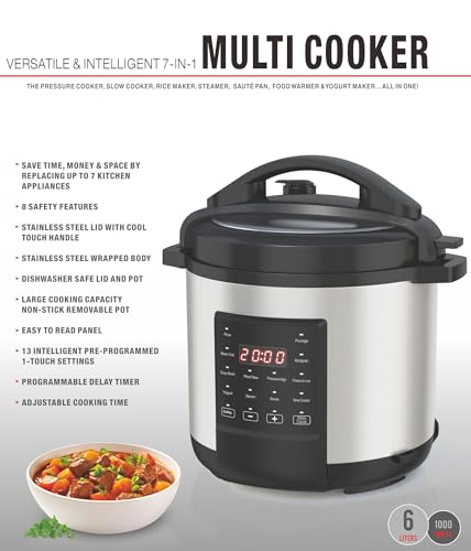 EMB Ironblade 7-in-1 Multi Cooker, 6-Liter, 1000W Stainless Steel Programmable Pressure Cooker, Slow Cooker, Rice Maker, Steamer, Sauté Pan, Food Warmer, Yogurt Maker - My Kitchen Products