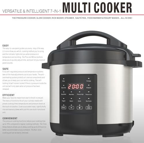 EMB Ironblade 7-in-1 Multi Cooker, 6-Liter, 1000W Stainless Steel Programmable Pressure Cooker, Slow Cooker, Rice Maker, Steamer, Sauté Pan, Food Warmer, Yogurt Maker - My Kitchen Products