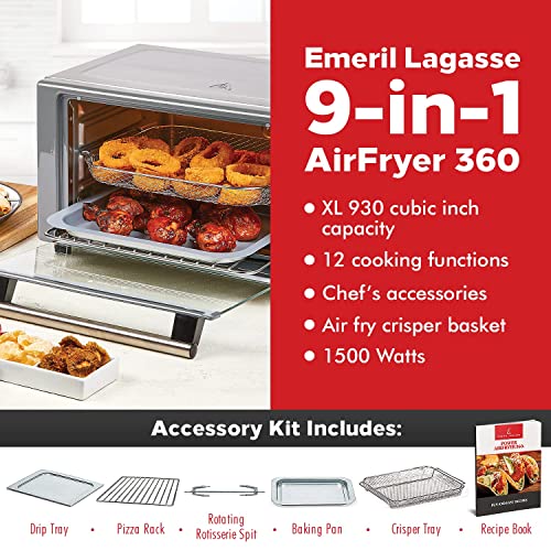 Emeril Lagasse Everyday 360 Stainless Steel Air Fryer, 360° Quick Cook Technology, XL capacity, 9-in-1, 12 Pre-Set Cooking Functions including Bake, Rotisserie, Broil, Pizza, Slow Cook, Toaster - My Kitchen Products