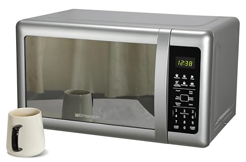Emerson MW7601SL Countertop Microwave Oven with Sleek Mirrored Finish Glass Door, 700W, 10 Power Levels and 6 Pre-Programmed Settings with Child Safe Lock, 0.7. Cu. Ft., Silver - My Kitchen Products