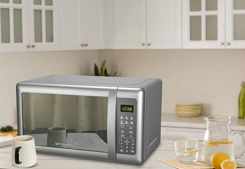 Emerson MW7601SL-N Countertop Microwave Oven with Sleek Mirrored Finish Glass Door, 700W, 10 Power Levels and 6 Pre-Programmed Settings with Child Safe Lock, 0.7. Cu. Ft., Silver - My Kitchen Products