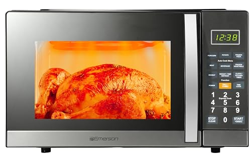 Emerson MWG1191SB 1.1 Cu. Ft. Microwave with Built-In Grill Function, 1100W Power, Stainless Steel, LED Timer Display, 11 Power Levels, 9 Preset Cooking Options, Removable Glass Turntable, Child Lock - My Kitchen Products