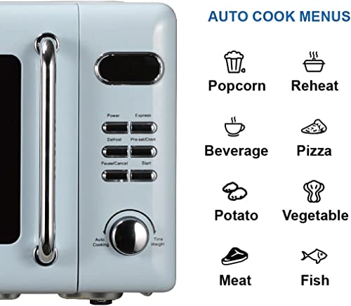 Emerson MWR7020BL Retro Compact Countertop Microwave Oven with Button Control, LED Display, 700W 5 Power Levels, 8 Auto Menus, Glass Turntable and Child Safe Lock, 0.7, Thunderbird Blue - My Kitchen Products